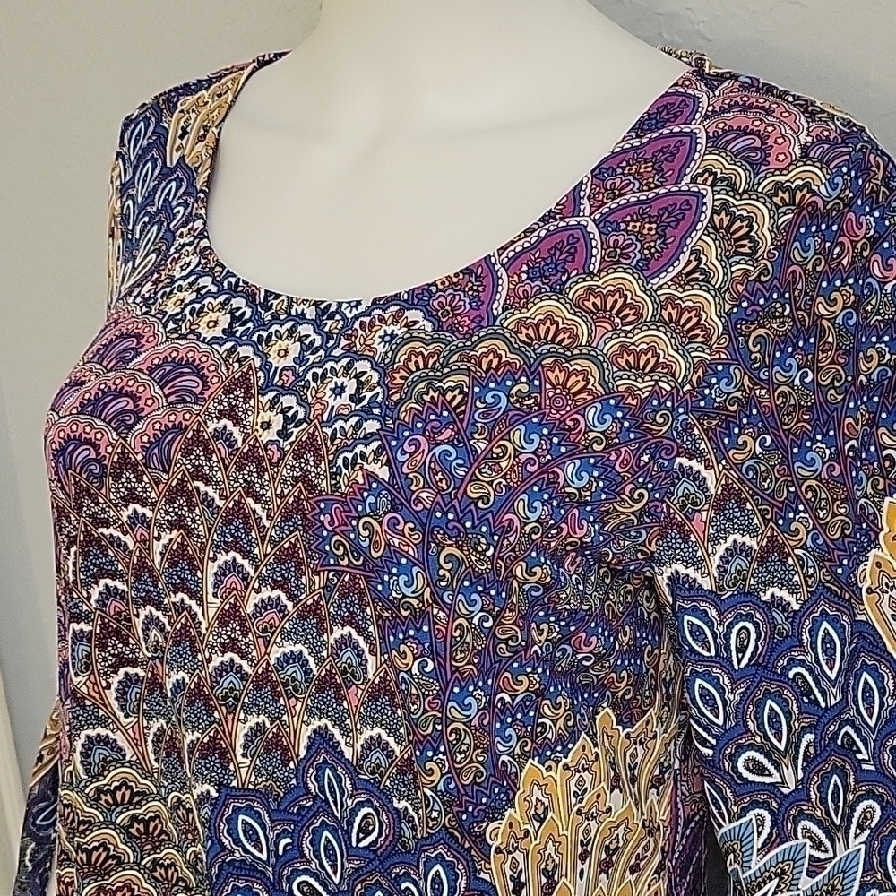 IVY ROAD Colorful Flare Split Sleeve Scoop Neck Peacock Mini Trapeze Disco Dress - Picture 5 of 8